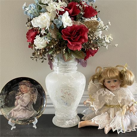 Vtg Creazioni Silvestri Arte Cherub Vase w/ Angel Plate & Doll