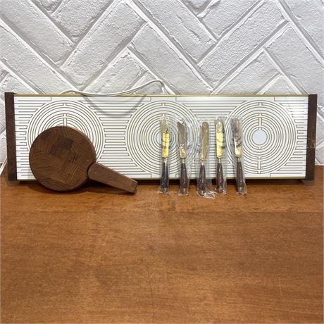 Vtg Warm-O-Tray, Dansk Teak Wood Cutting Board & Knife, and 5 Butter Knives