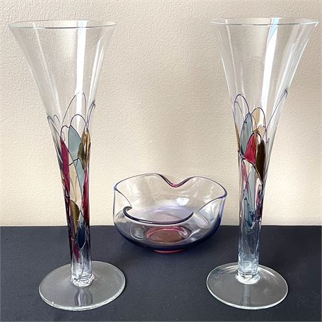 Pair of Luminescence Champagne Flutes with Anchor Hocking Dip Dish