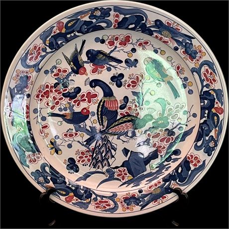 Large Vtg Japanese Imari Style Hand-Painted Decorative Plate w/ Plate Stand