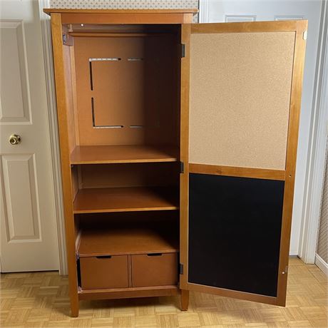 Freestanding Storage Closet with Shelves, Drawers, Cork and Chalk Boards