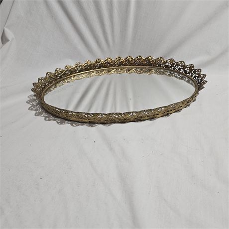 Vintage Oval Vanity Dresser Mirror Tray Gold Tone Metal Filigree Trim 8" x 13"