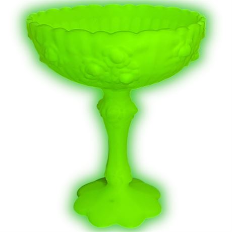 Fenton Custard Uranium Glass Cabbage Rose Pattern Scalloped Edge Compote