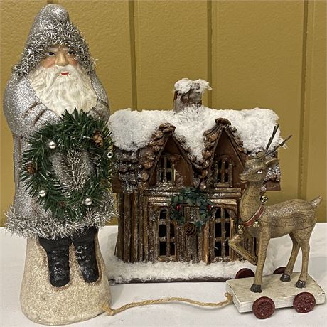 Rustic Style Log Cabin, Reindeer & Santa Claus Statue