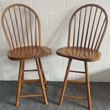 Pair of Solid Oak Swivel Stools by Bradco