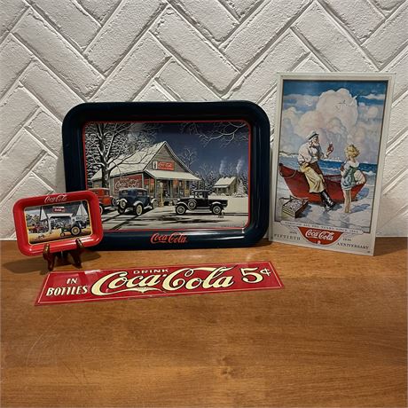 Grouping of Vintage Coca-Cola Advertising Tin Trays & Signs