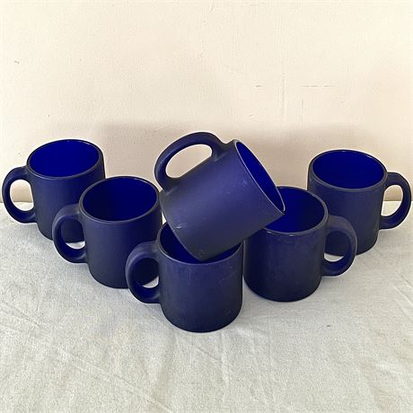 Set of 6 Vintage Cobalt Frosted Glass Mugs
