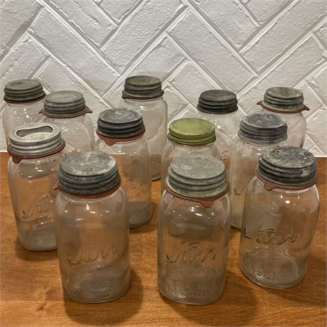 Lot of 12 Antique and Vintage Kerr Mason and Other Lidded Glass Jars