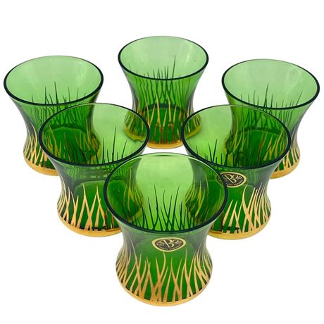 (6) MCM Exbor Czech Republic Green Glass Cordials w/ Gold Accents