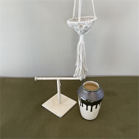 Macrame Hanging Planter, Ceramic Drip-Glaze Tealight Holder, Metal T Bar Display