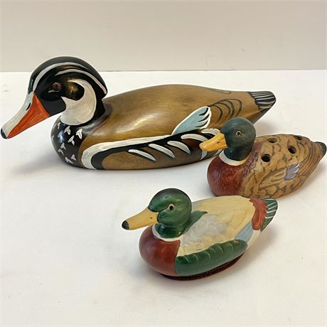 Wood & Ceramic Hand-Painted Duck Figurines