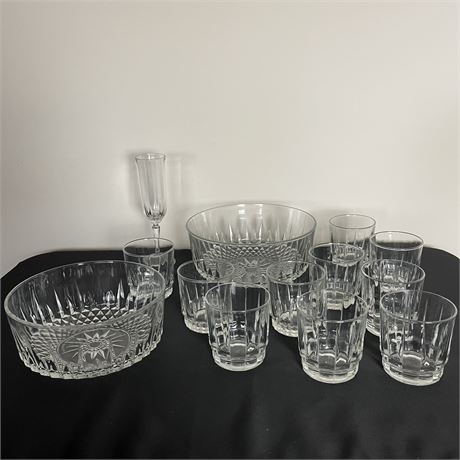 Array of Arcoroc Cut Crystal Glass Serving Bowls and Barware
