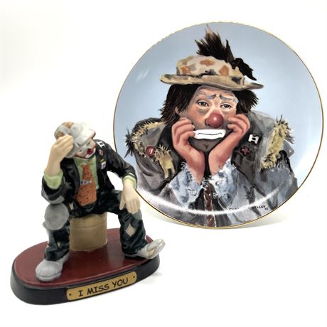 Vtg Emmett Kelley "I Miss You" Porcelain Clown w/ "Why Me?" Collectible Plate