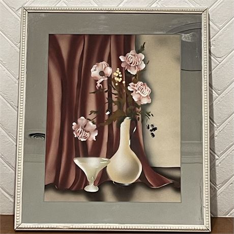 Vtg Framed Mirror with Center Floral Art Piece