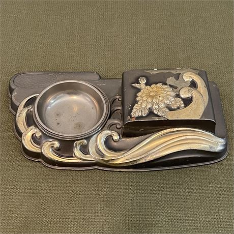 Vtg Metal Ashtray Tobacco Box Smokers Set