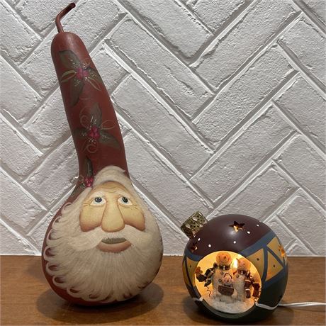 Painted Santa Gourd with Lighted Snowman Scene Tabletop Ornament