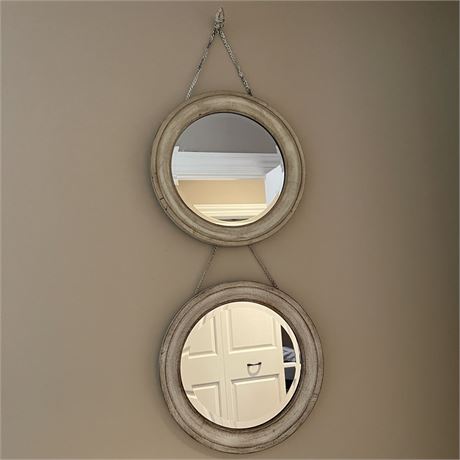 Pair of Distressed Round Porthole Mirrors on Chain