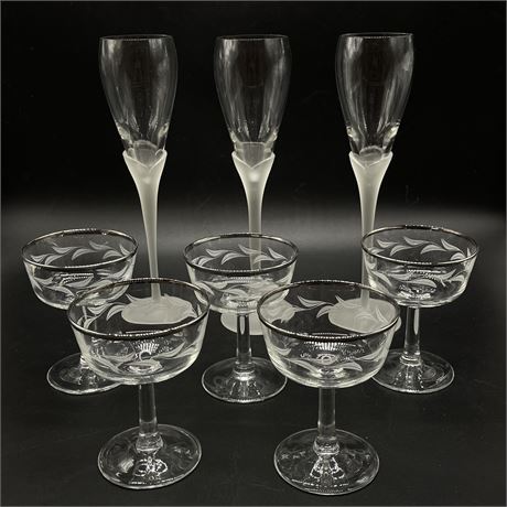 Colony Amaryllis Crystal Satin Champagne Flutes and d'Arques Champagne Coupes