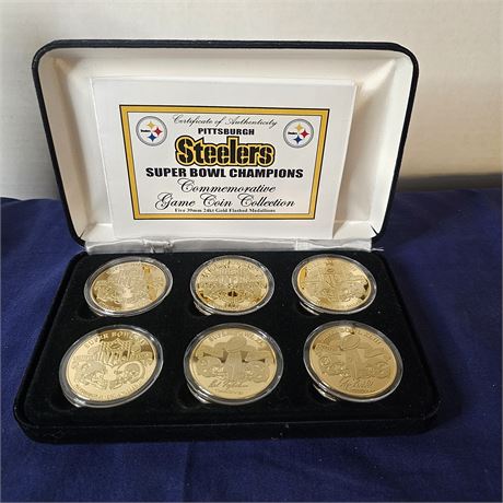 24k Gold Finished Pittsburgh Steelers Super Bowl Game Coins in Case