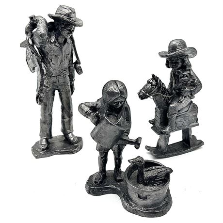 Micheal Ricker Pewter Cowboy, Bathing Duck, & Child on Rocking Horse Figurines