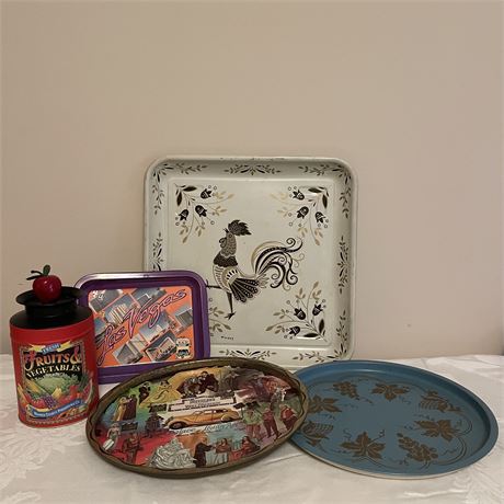 Variety of Vintage Tin Trays and Lidded Canister