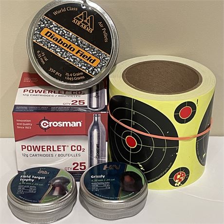.25 Cal Air Gun Pellets, 12g CO2 Powerlet Cartridges & Shooting Target Roll