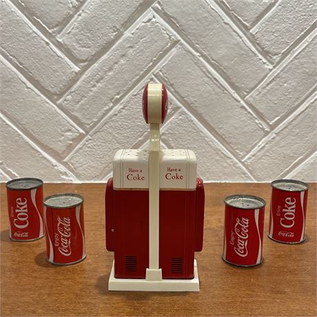 Vintage Collectors Coca-Cola Salt and Pepper Shakers w/ Mini Gas Pump & Tin Cans