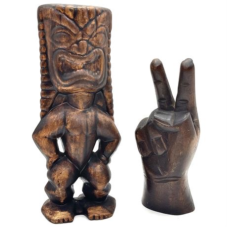 Vintage Treasure Craft Tiki Figurine with Coordinated Wood Carved Peace Sign