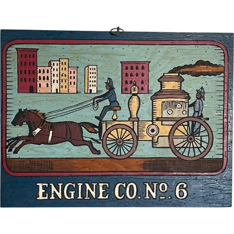 Vtg Engine Co. No. 6 Horse Drawn Firetruck with Firefighters Oil on Wood Board