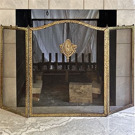 Vtg Hammered Brass Folding Fireplace Screen