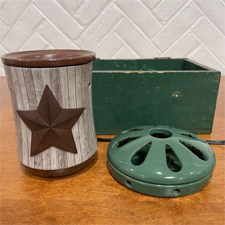 Farmhouse Decor with Wax Warmer, Painted Wooden Shelf and Ceramic Flower Frog
