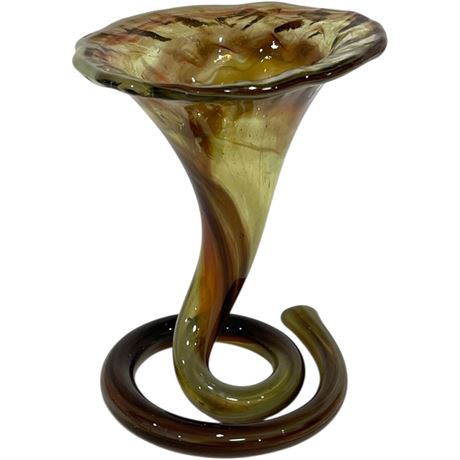 Vtg Murano-Style Hand Blown Glass Flower Motif Vase w/ Coiled Base