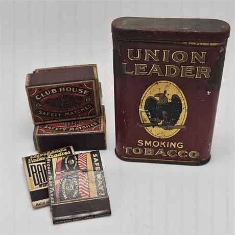 Vintage Union Leader Tobacco Tin w/ Matchbooks