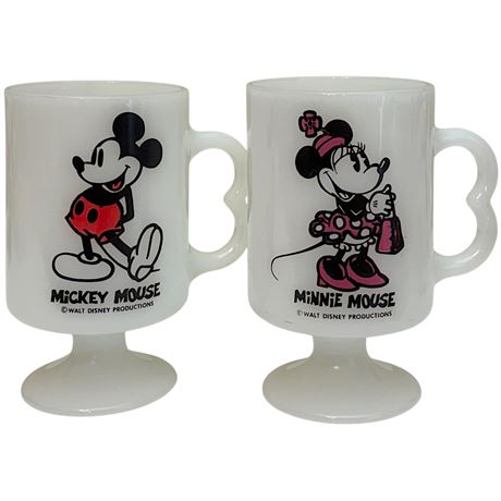 Walt Disney Productions Mickey & Minnie Mouse Milk Glass Pedestal Mugs