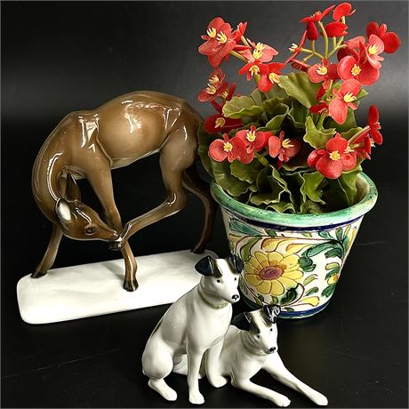 Rosenthal Porcelain Doe w/ Fox Terrier Due and Signed Italy Pottery Flowerpot