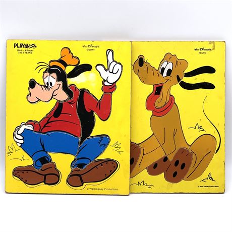 Vintage 1970's Playskool Wooden Puzzle Pair (Goofy and Pluto)