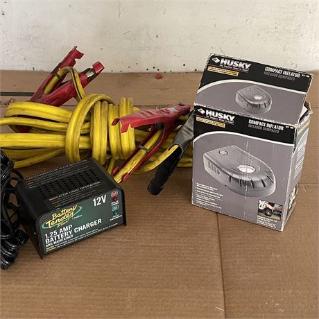 Husky Compact Inflator, 1.25 Amp 12V Battery Charger, & Jumper Cables