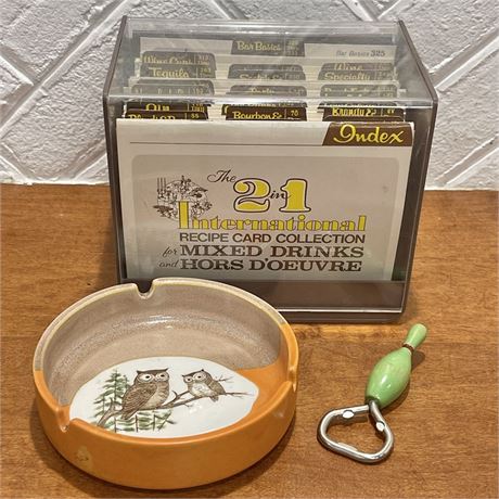 Vtg Mixed Drink Rolodex w/ Owl Ashtray and Bowling Pin Bottle Opener
