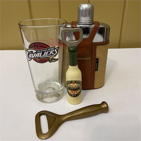 Solid Brass & Holland Beer Bottle Openers, Cleveland Cavaliers Beer Stein, Flask