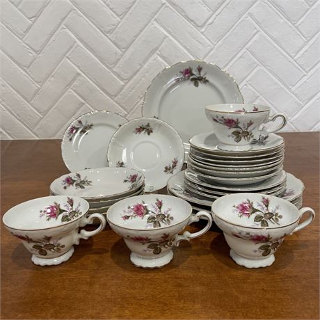 Setting for 4 "Moss Rose" Patterned China Dinnerware