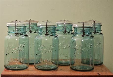 (6) Blue BALL Canning Jars with Glass Lids