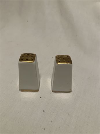 pair of salt and pepper shakers. The shakers are white ceramic with gold-colore