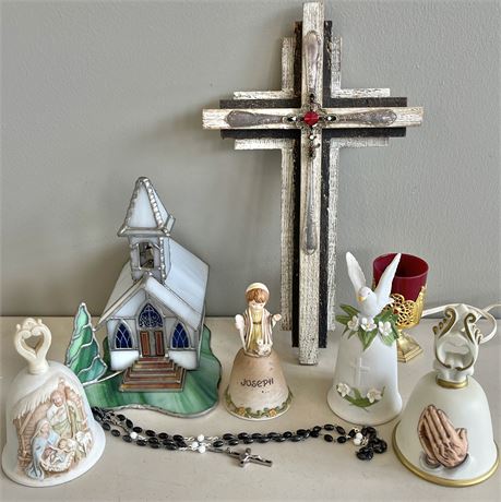 Religious Lot w/ Candles, Stained Glass Church, Wood Wall Hanging Cross & More