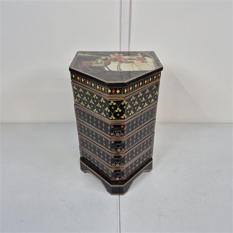 Vtg Mughal Marriage/Dowry Hexagonal Lacquer Jewelry Box Hand‑Painted India