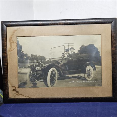 Antique Photo of Newlyweds in Old Car includes Antique Frame-
