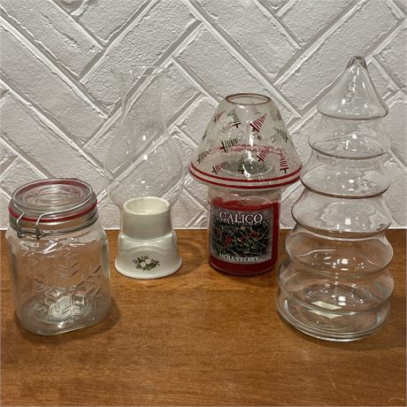 Christmas Decor w/ Jar, Hurricane, Candle w/ Glass Topper, and Tree Candy Dish