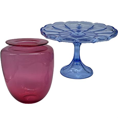 Colored Glass Pedestal Cake Plate & Vase