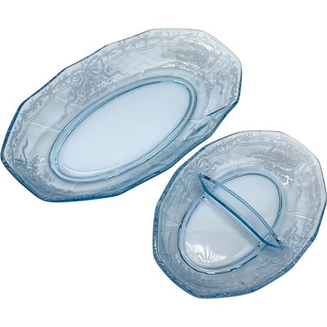 Blue Depression Serve Ware with Etched Design