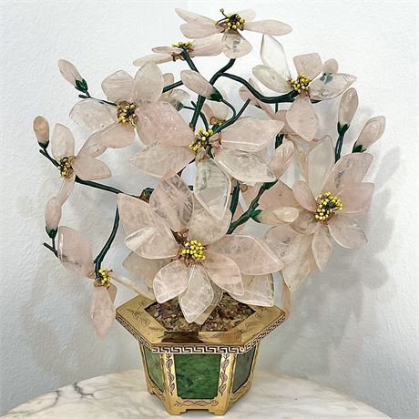 Vtg Chinese Cloisonne Enamel & Brass Potted Gemstone Tree