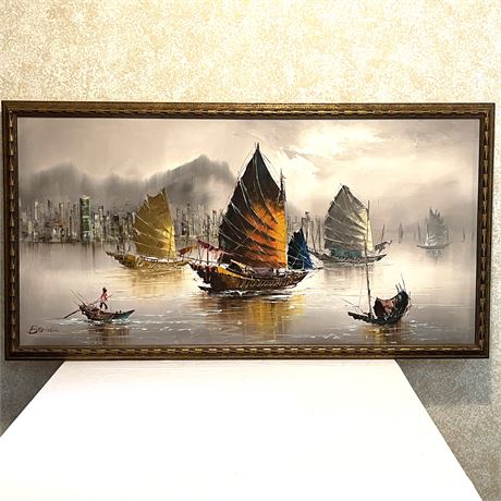 Signed Brenda Oil Painting on Canvas of Harbor Junk Boats